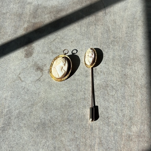Vintage Carved Cameo Stick Pin and Brooch Set - Picture 11 of 11
